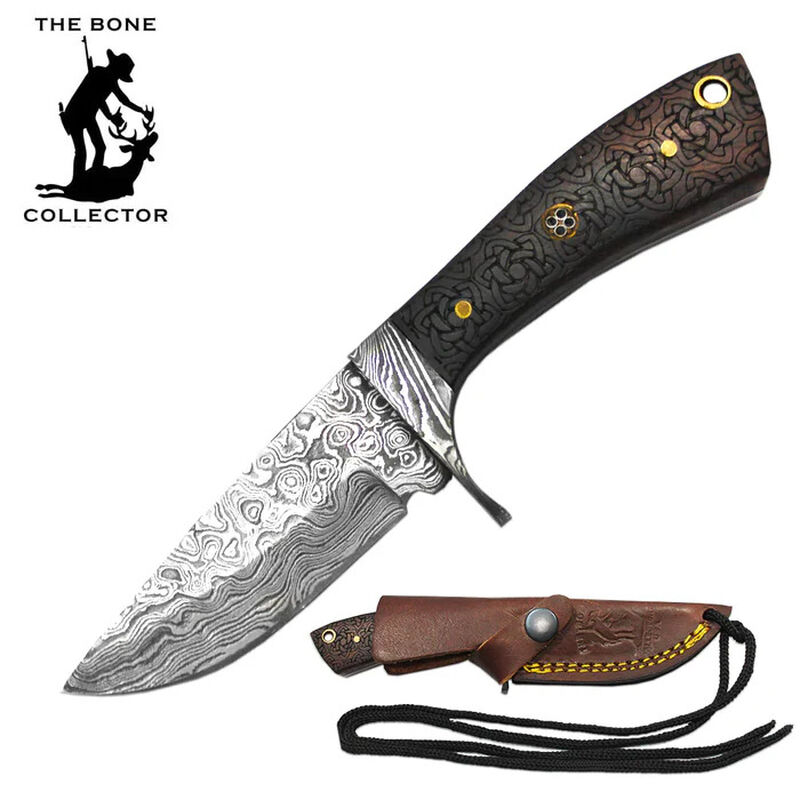 6.5" Damascus Blade Bone Collector Etched Rosewood Handle Skinner Knife With Leather Sheath & Rope Lanyard, , large image number 0
